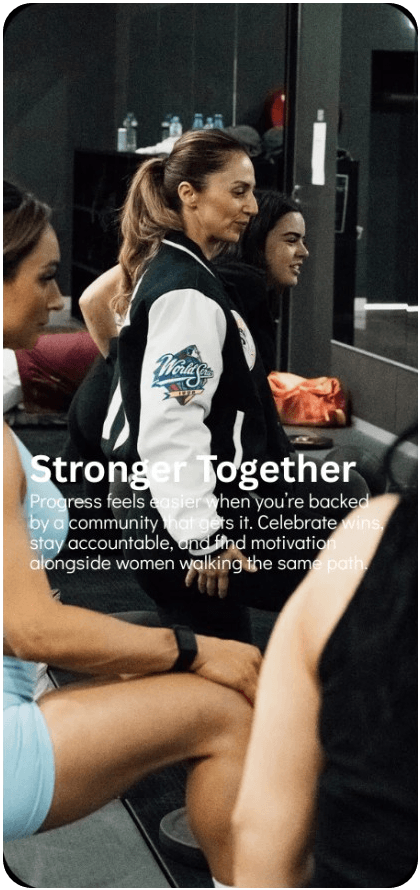 Evolve With Us app community screen, Stronger Together feed with member posts and progress shares