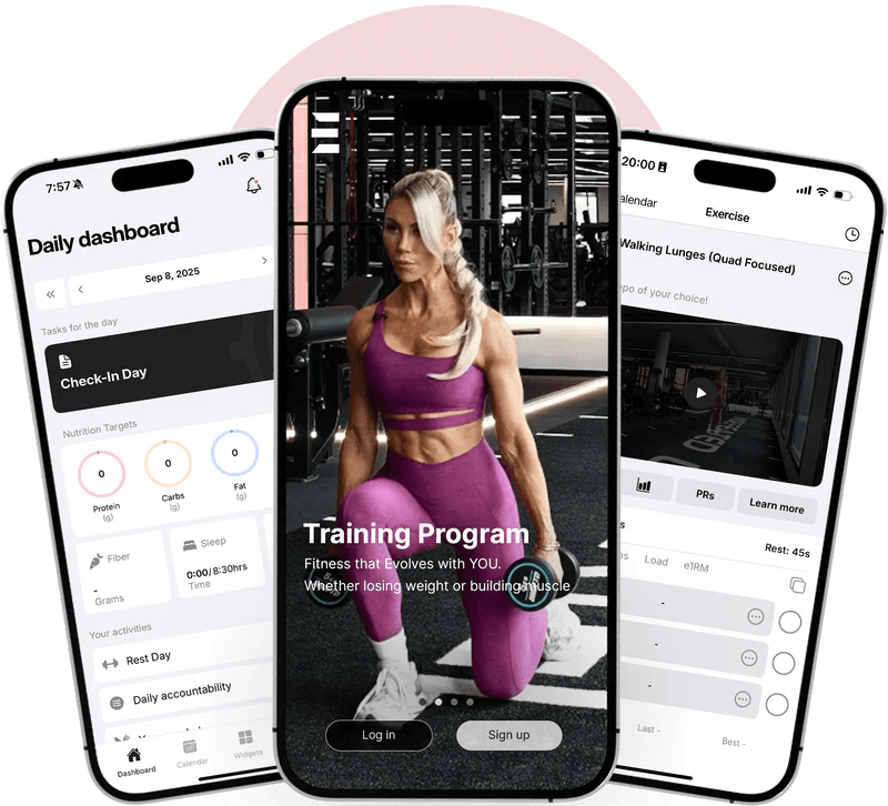 Three Evolve With Us app screens side by side — the daily dashboard, the training program landing with Lucy Keily mid-rep on a goblet squat, and an exercise detail screen for walking lunges