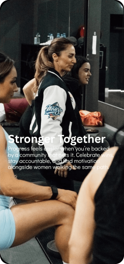 The Evolve With Us app showing the Stronger Together community feed with members supporting each other through the same work