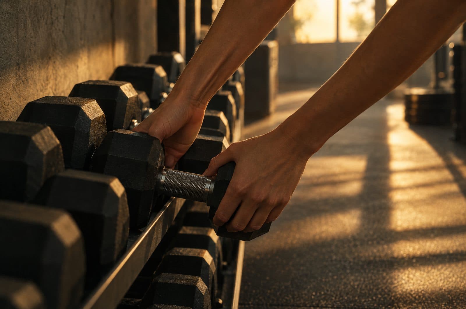 A pair of hands returning a dumbbell to its rack in a quiet gym at sunrise