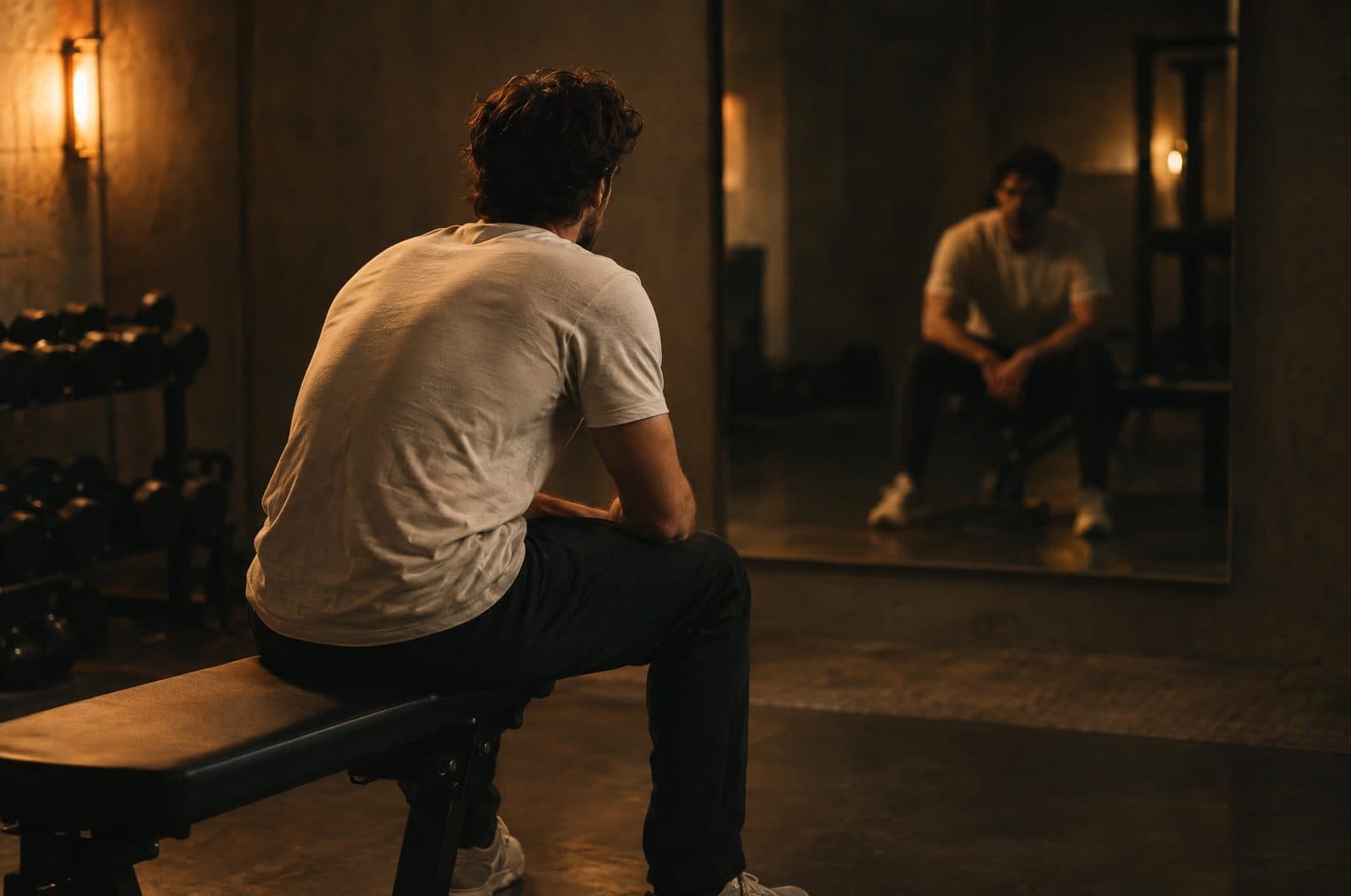 A man sitting alone on a gym bench, looking at his own reflection in the mirror