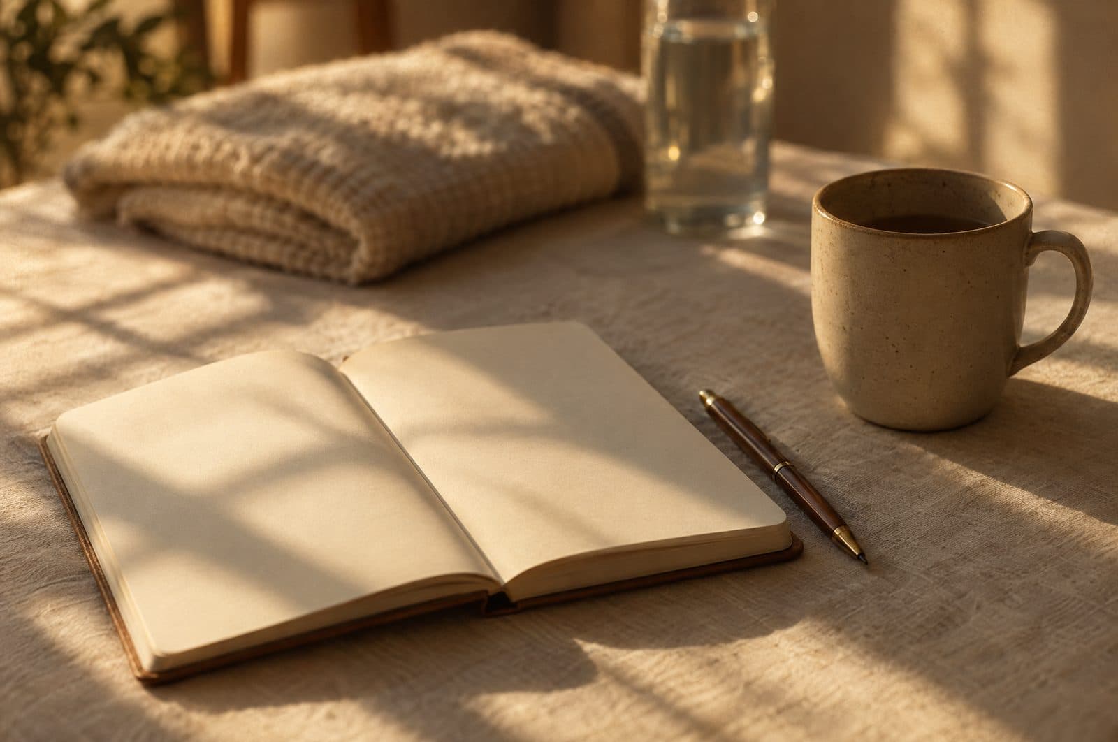 An open blank notebook and pen in warm late-afternoon window light
