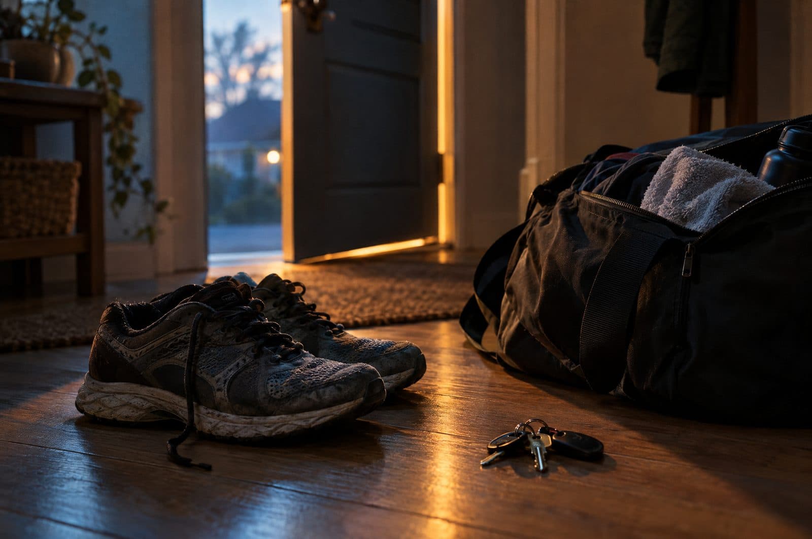Worn training shoes and a half-packed gym bag by the front door before dawn