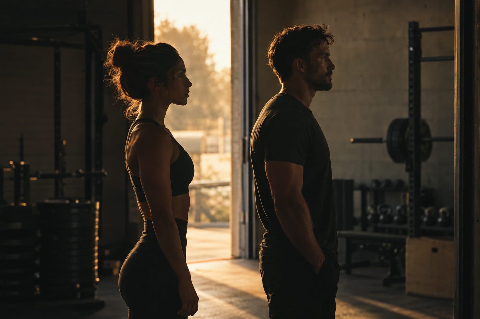 Two coaches standing back to back in a gym doorway, lit from behind at sunrise