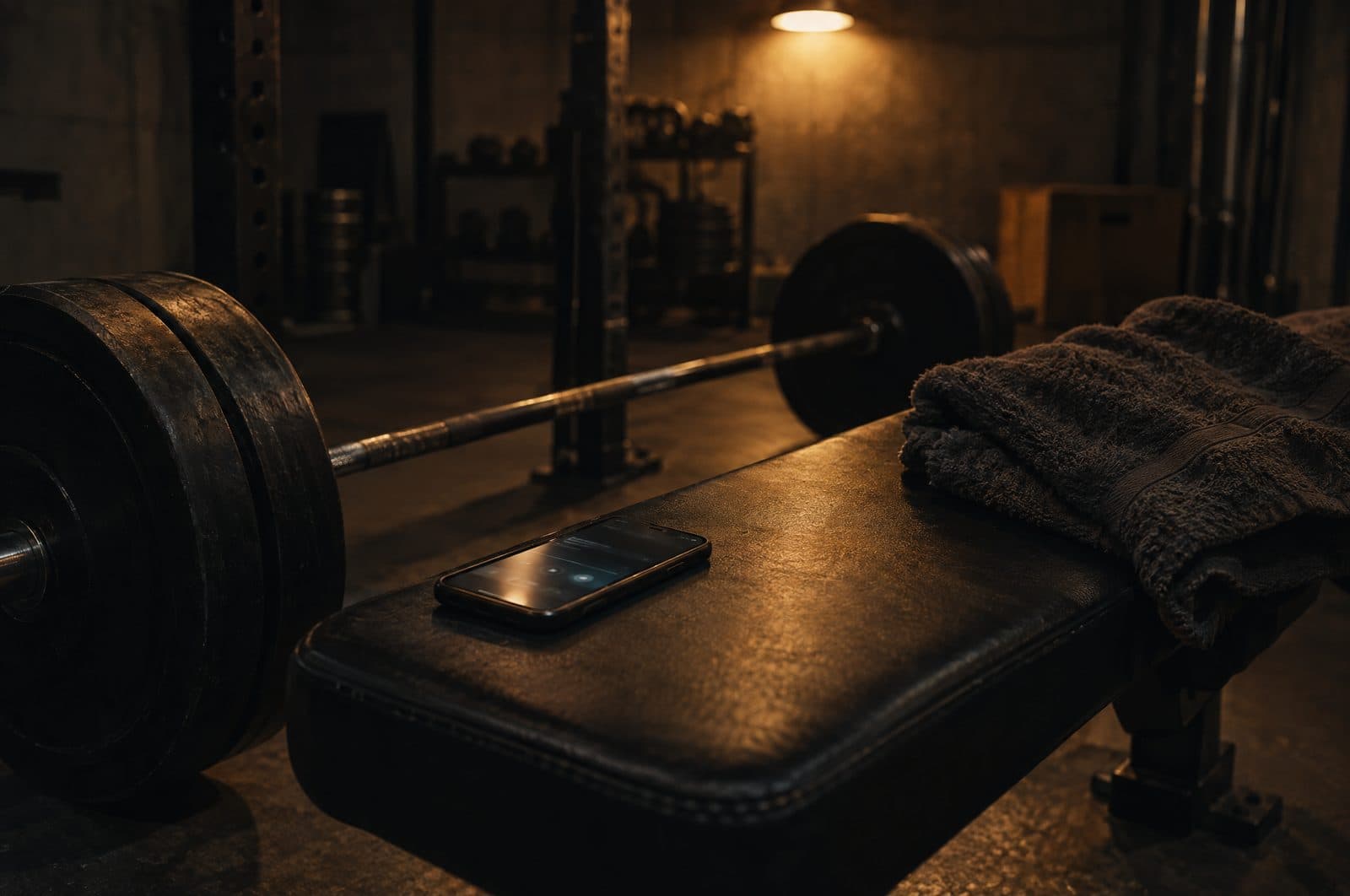 A phone left glowing on a gym bench beside a loaded barbell in a dim gym