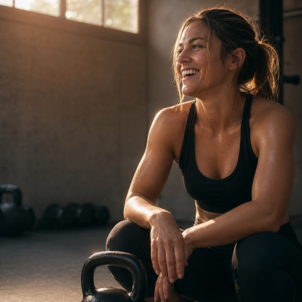 A woman in black training kit smiling and resting between sets beside a kettlebell on a sunlit gym floor