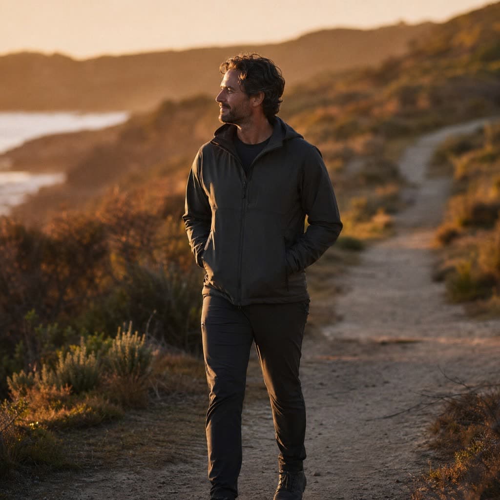 A man in a dark zip jacket walking a coastal trail at golden hour, looking out toward the sea with calm focus