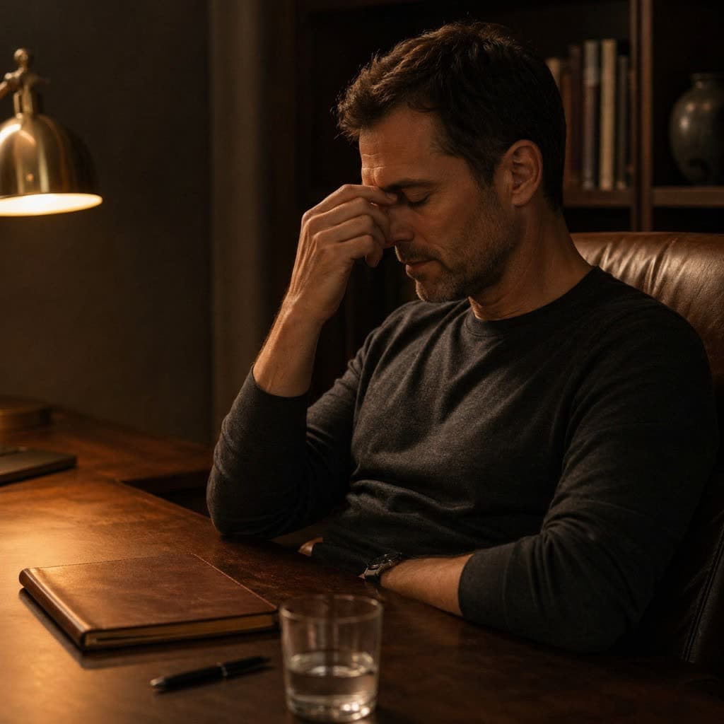A man at a wooden desk in evening lamplight, eyes closed and pinching the bridge of his nose beside a closed leather notebook and a glass of water